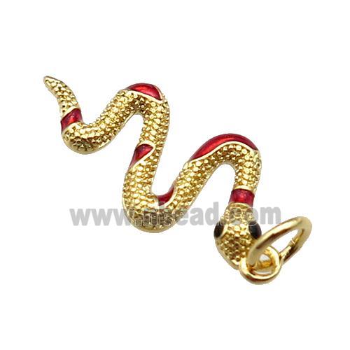 copper Snake pendant, red enamel, gold plated