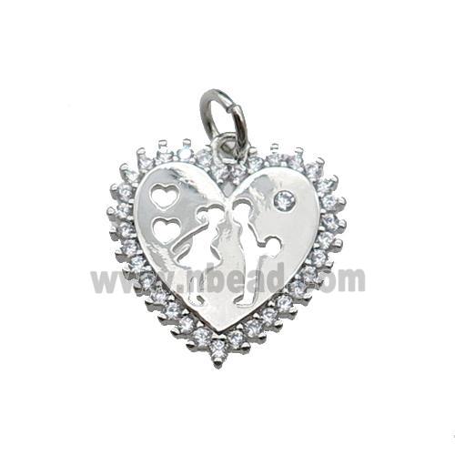 copper Heart pendant pave zircon, couple, platinum plated