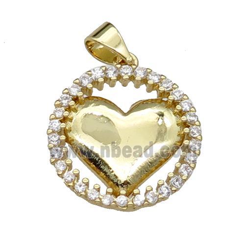 copper circle heart pendant pave zircon, gold plated