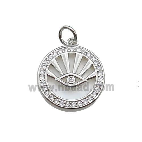 copper circle eye pendant pave zircon, shell, platinum plated