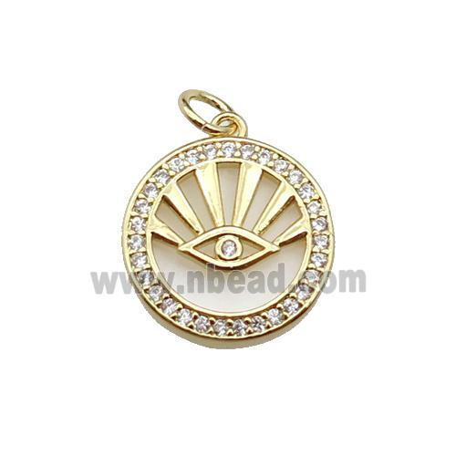 copper circle eye pendant pave zircon, shell, gold plated