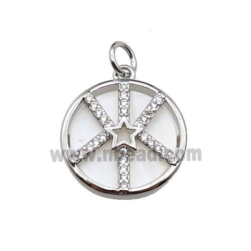 copper circle star pendant pave zircon, shell, platinum plated