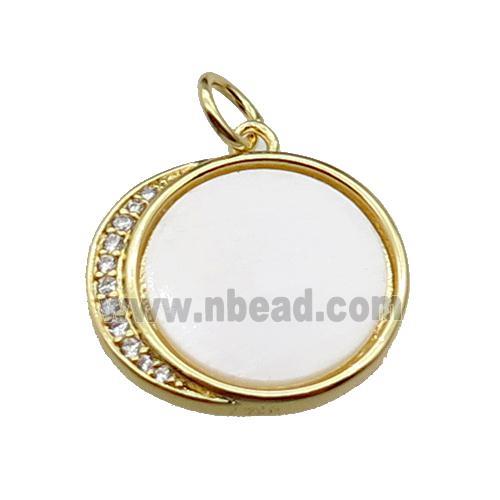 copper circle moon pendant pave shell, zircon, gold plated