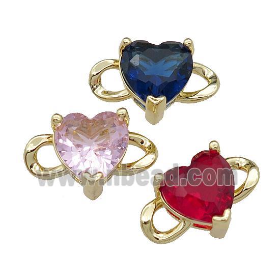 copper Heart connector pave zircon, mixed, gold plated