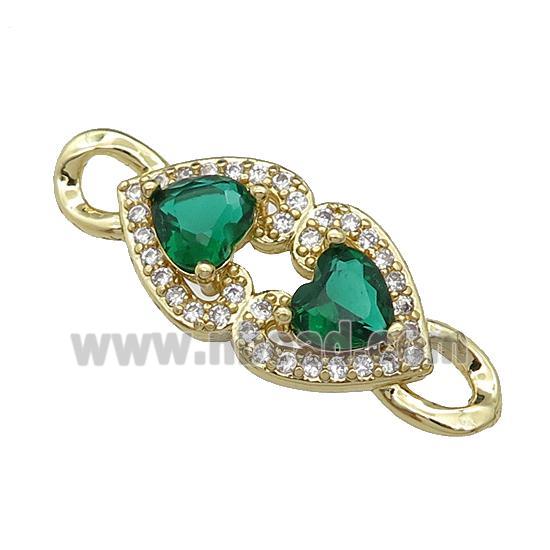 copper Heart connector pave green zircon, gold plated