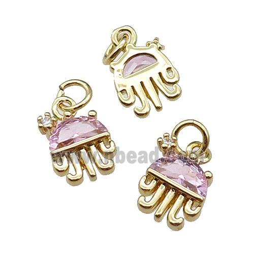 copper Octopus pendant pave pink zircon, gold plated