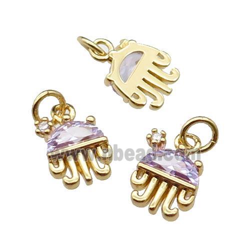 copper Octopus pendant pave purple zircon, gold plated