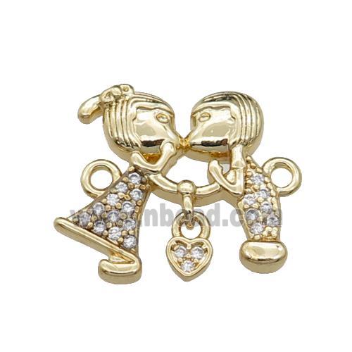 copper couple Monkey pendant pave zircon, gold plated