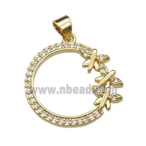 copper circle pendant pave zircon, butterfly, gold plated