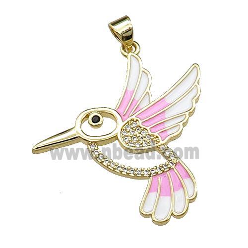 copper Hummingbird pendant pave zircon, pink enamel, gold plated