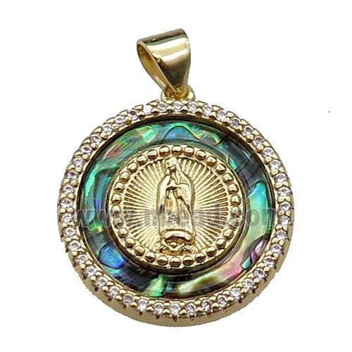 copper circle pendant pave abalone shell, jesus, gold plated