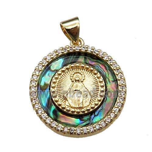 copper circle pendant pave abalone shell, virgin mary, gold plated