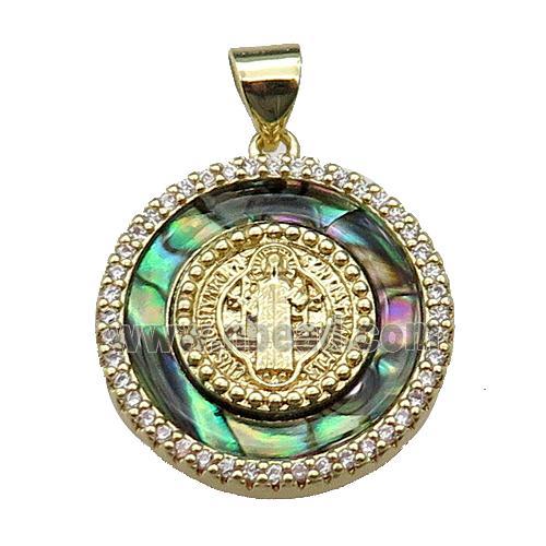 copper circle pendant pave abalone shell, jesus, gold plated