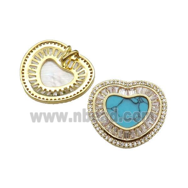 copper heart pendant pave turquoise zircon, gold plated