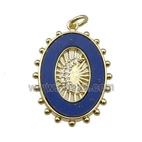 copper oval pendant pave lapis zircon, moon, gold plated