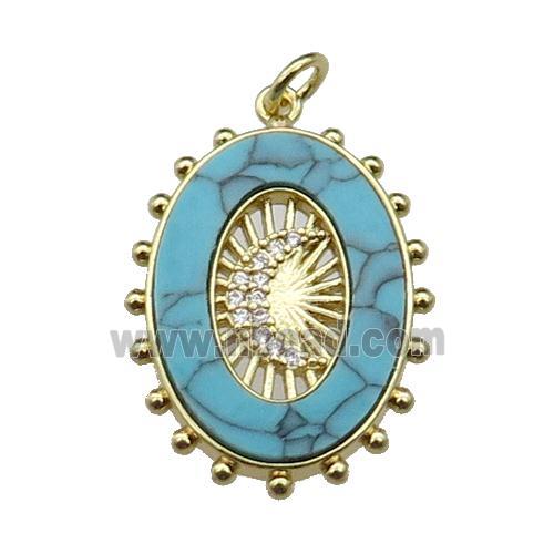 copper oval pendant pave turquoise zircon, moon, gold plated