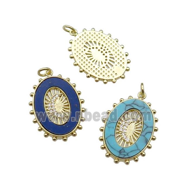 mix copper oval pendant pave stone zircon, moon, gold plated