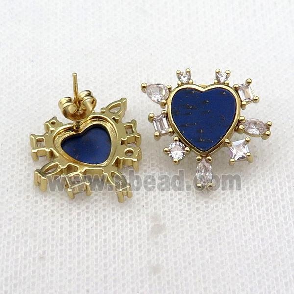 copper Stud Earring pave lapis zircon, gold plated