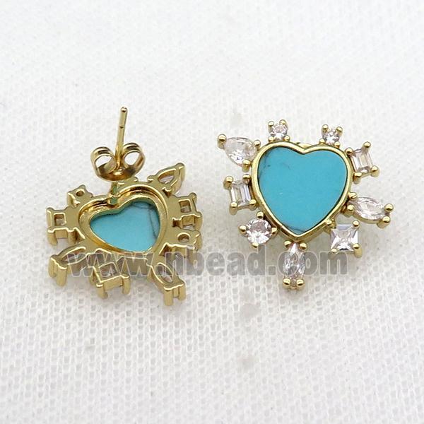 copper Stud Earring pave turquoise zircon, gold plated