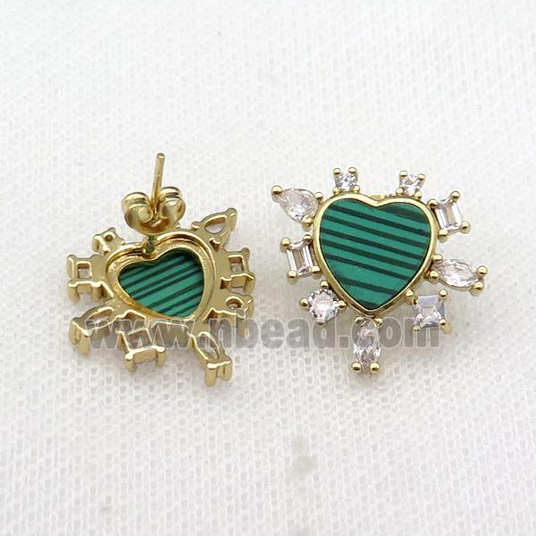 copper Stud Earring pave malachite zircon, gold plated