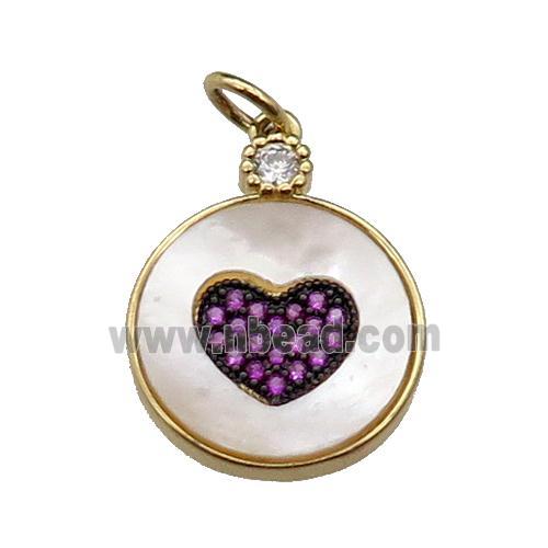 copper circle Heart pendant pave shell hotpink zircon, gold plated