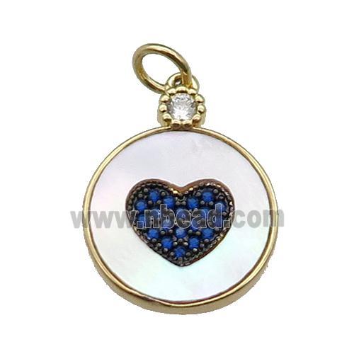 copper circle Heart pendant pave shell blue zircon, gold plated
