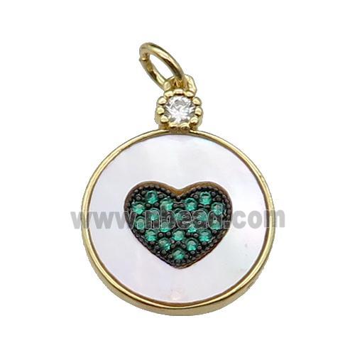 copper circle Heart pendant pave shell green zircon, gold plated