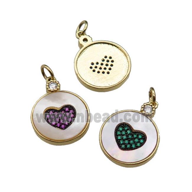 mixed copper circle Heart pendant pave shell zircon, gold plated