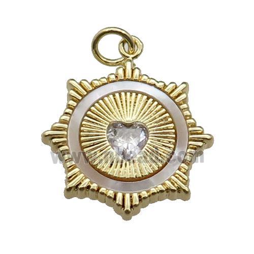 copper Sun pendant pave shell zircon heart, gold plated