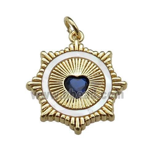 copper Sun pendant pave shell blue zircon heart, gold plated