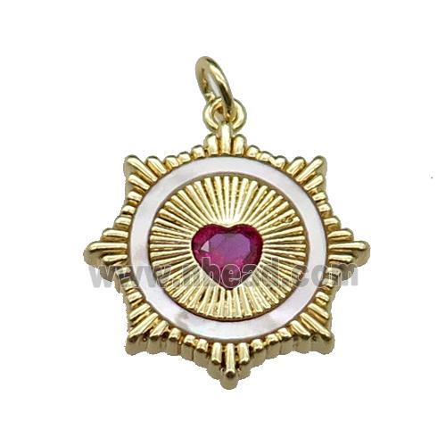 copper Sun pendant pave shell hotpink zircon heart, gold plated