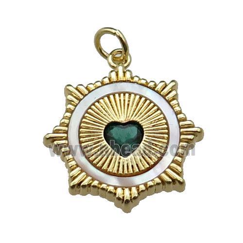 copper Sun pendant pave shell green zircon heart, gold plated
