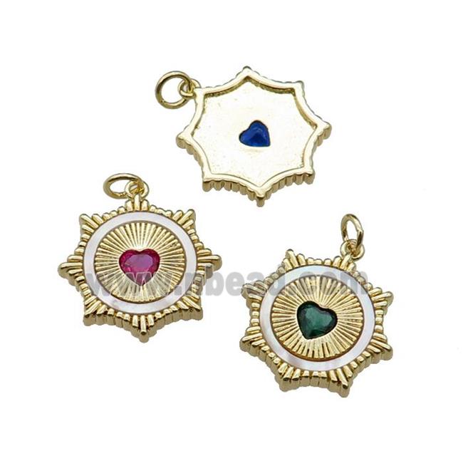 mixed copper Sun pendant pave shell zircon heart, gold plated