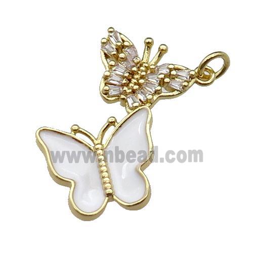 copper Butterfly pendant pave zircon, white enamel, gold plated