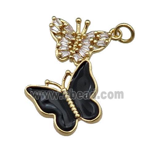 copper Butterfly pendant pave zircon, black enamel, gold plated