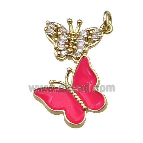 copper Butterfly pendant pave zircon, red enamel, gold plated