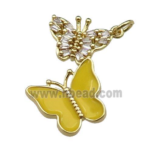 copper Butterfly pendant pave zircon, brown enamel, gold plated