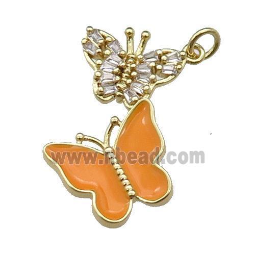 copper Butterfly pendant pave zircon, orange enamel, gold plated