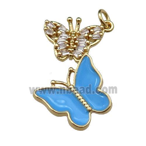 copper Butterfly pendant pave zircon, blue enamel, gold plated