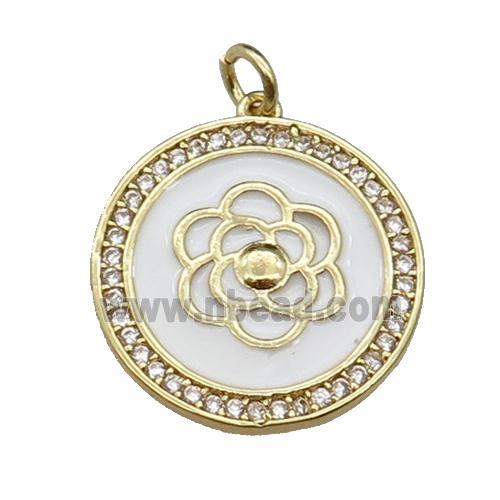copper circle flower pendant pave zircon, white enamel, gold plated