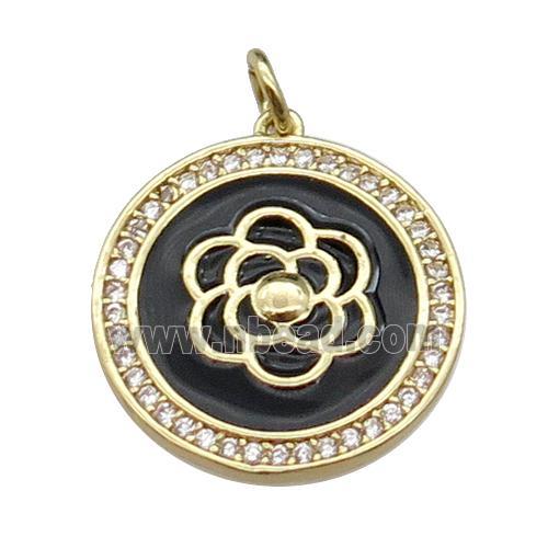 copper circle flower pendant pave zircon, black enamel, gold plated