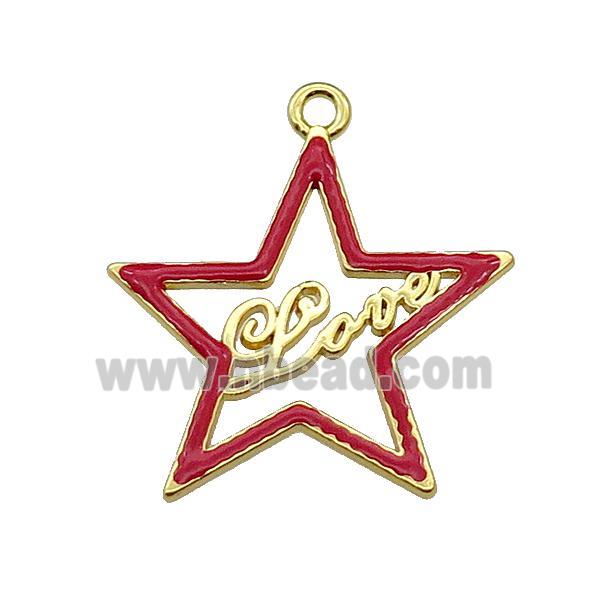 copper Star pendant with red enamel, LOVE, gold plated