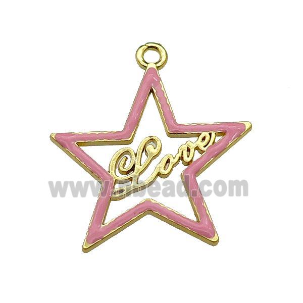 copper Star pendant with pink enamel, LOVE, gold plated