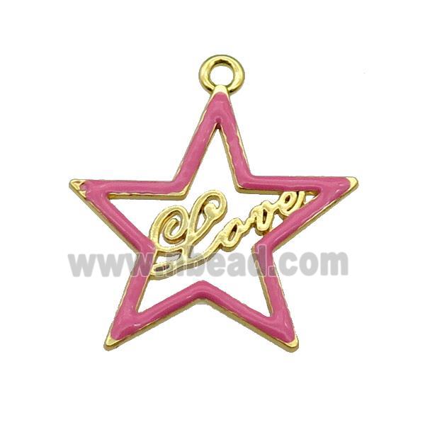 copper Star pendant with pink enamel, LOVE, gold plated