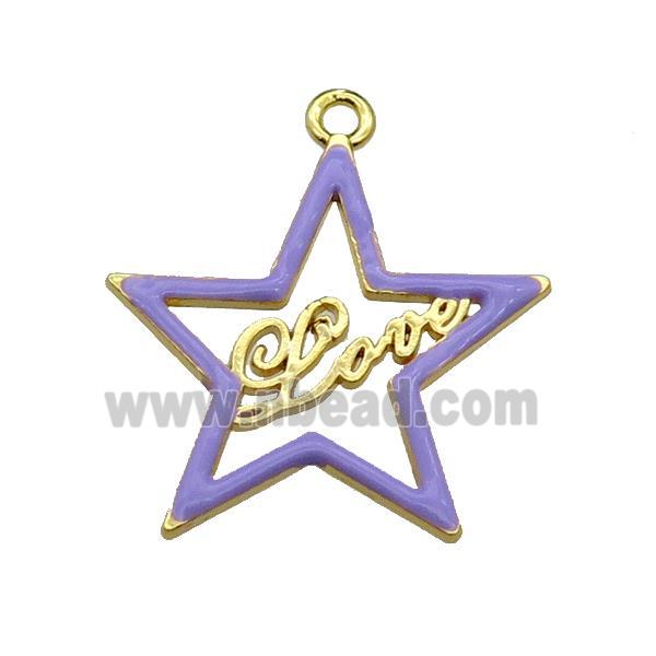 copper Star pendant with lavender enamel, LOVE, gold plated