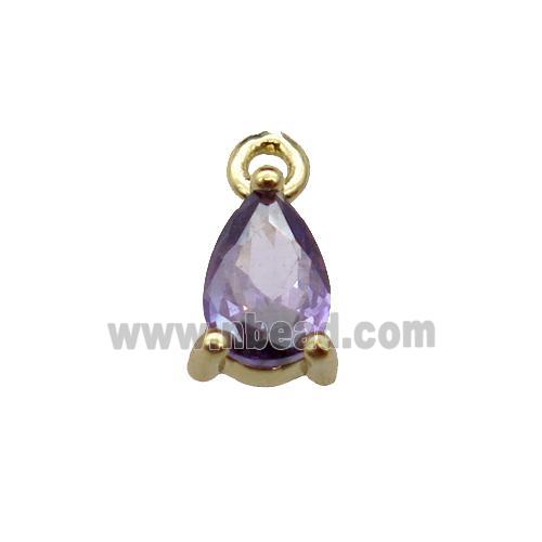copper teardrop pendant pave purple zircon, gold plated