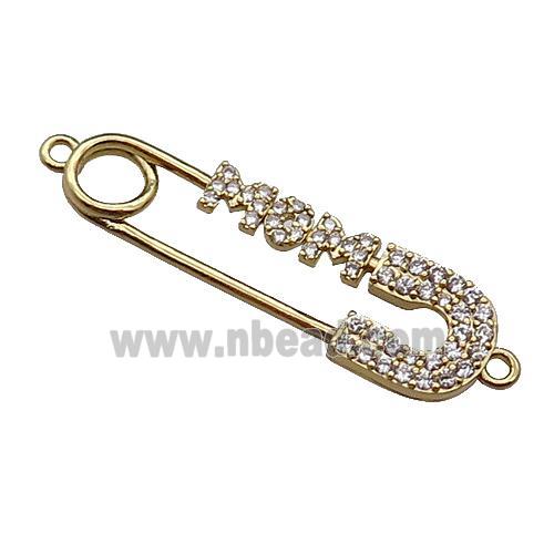 copper MOM connector pave zircon, Safety Pins , gold plated