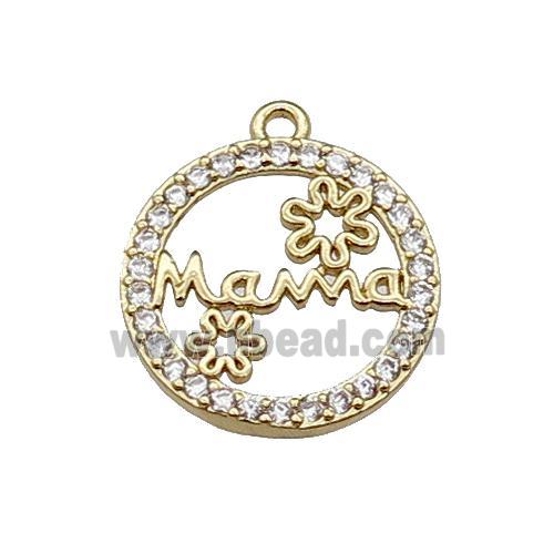 copper circle MaMa pendant pave zircon, flower, gold plated