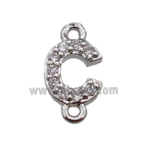 copper letter-C connector pave zircon, platinum plated