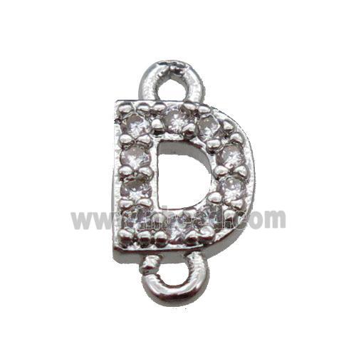 copper letter-D connector pave zircon, platinum plated
